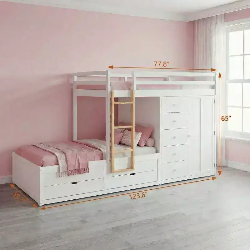 Full Size Bunk Bed with 2 Large Drawers & 5 Small Drawers, MDF & Solid Wood Construction, Modern Storage Design with Small Wardrobe, White