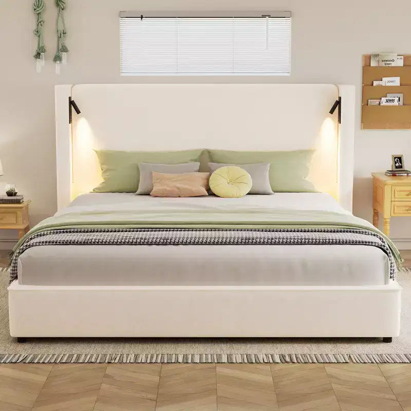 King Size Upholstered Platform Bed Frame with Padded High Wingback Headboard, Reading Lamp & USB Port, Beige - ModernLuxe