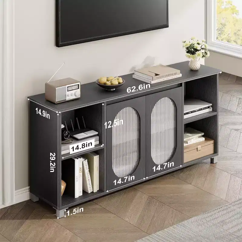 Modern TV Stand for 70 Inch TV, Black Media Console with Glass Doors and Shelves