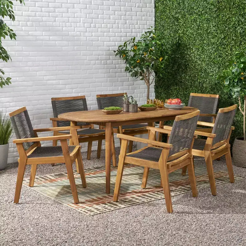 Christopher Knight Home Mcgill Outdoor Rope and Acacia Wood 7 Piece Dining Set, Teak/Dark Gray