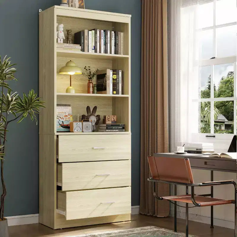 71-Inch Tall Bookshelf with 3 Drawers and Open Shelves