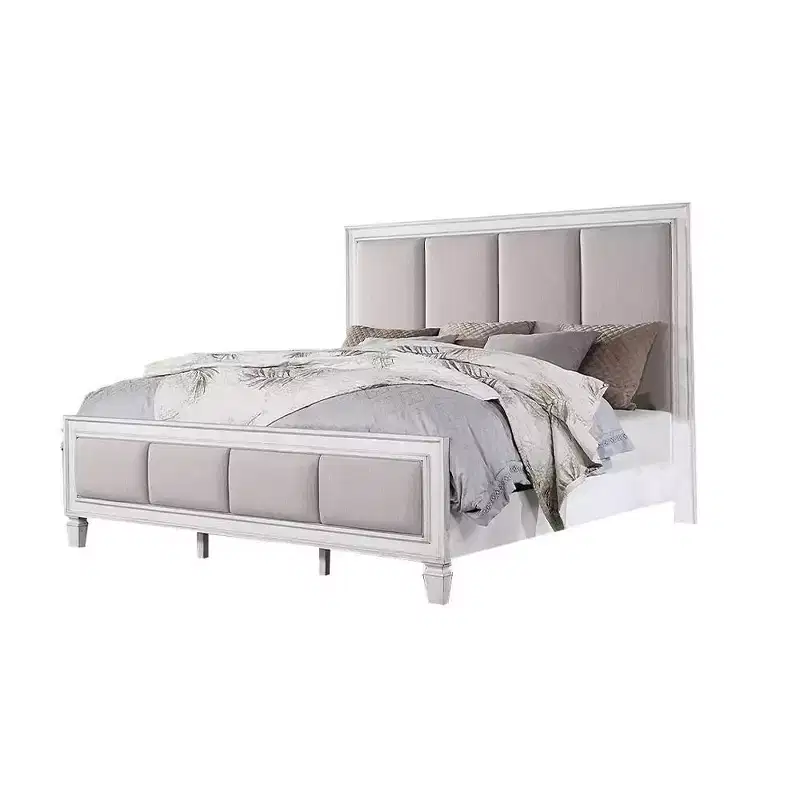 88 Eastern King Bed Katia Bed Light Gray Linen, Rustic Gray Weathered White Finish - Acme Furniture