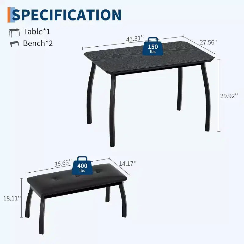Dining Table Set for 4, 3-Piece Kitchen Table Set with Metal Frame and 2 Upholstered Benches, Space-Saving, for Apartment, Studio, Home, Grey
