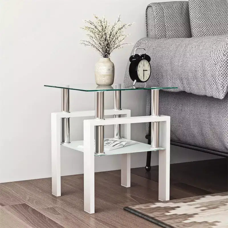 Modern 2-Tier Square Coffee Table with Tempered Glass Top