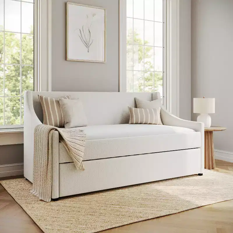 Twin Daybed with Pull-Out Twin Trundle in Off-White Faux Linen