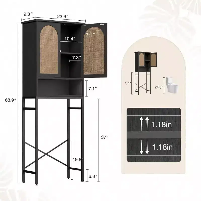 Rattan Toilet Storage Cabinet Over the Rack Wood Cabinet with Metal Stand Bathroom Organizer Adjustable Shelf Tall Freestanding