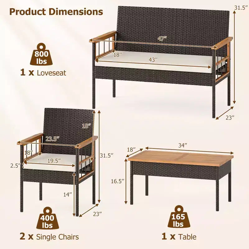 Gymax Set of 4 Patio Dining Set w/Acacia Wood Coffee Table White Cushions for Backyard Garden