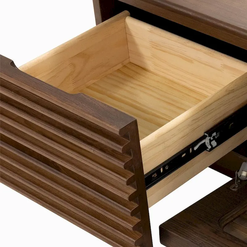 Minimalist TV Stand with DrawersSolid Wood Media Console with Cabinets, Flip-down Door, Walnut Veneer, Fully-Assembled