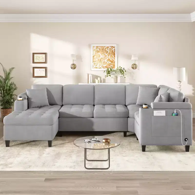 U-shaped Sectional Sofa 115.7 Oversized Corner Sectional Living Room Couch with Built-in Cup Holders, Storage Space and USB Ports