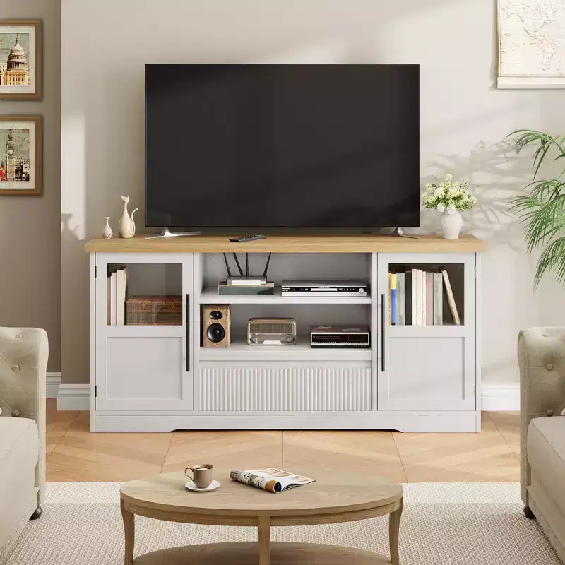 Farmhouse TV Stand - 72'' TV Fit, Wave Pattern, 2 Glass-Door Cabinets, 2 Open Storage, Entertainment Center for Living Room