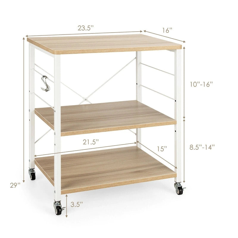 Rustic Brown 3-Tier Rolling Baker's Rack Microwave Cart with S-Hooks