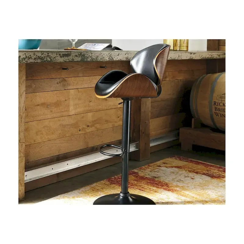 Modern Adjustable Brown and Black Swivel Bar Stool with Faux Leather Seat