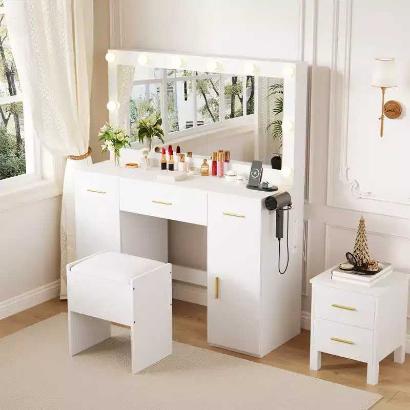 Vanity Desk with Large Mirror and Lights, Makeup Vanity Desk with 3 Color Lighting, 3 Drawers, 2 Cabinets, Power Outlets, Hair Dryer Rack, White