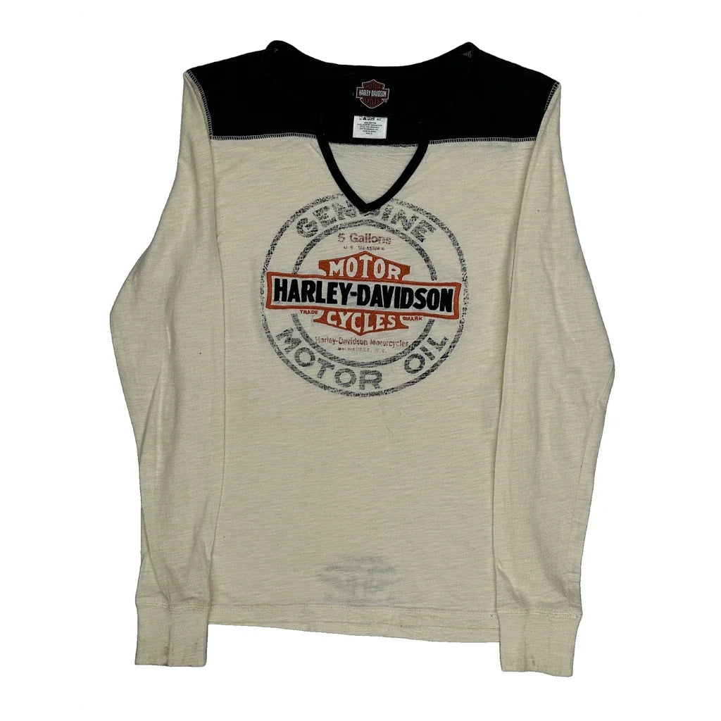 Motor Oil Graphic Long Sleeve T-Shirt Small Cream Cotton