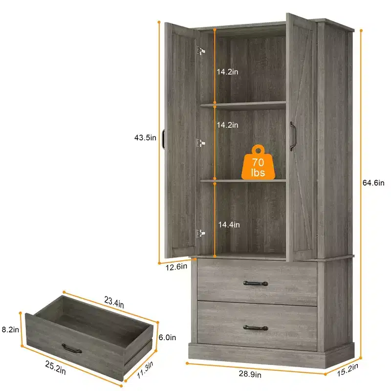 Farmhouse Pantry Cabinet with 2 Drawers, Barn Doors and Adjustable Shelves