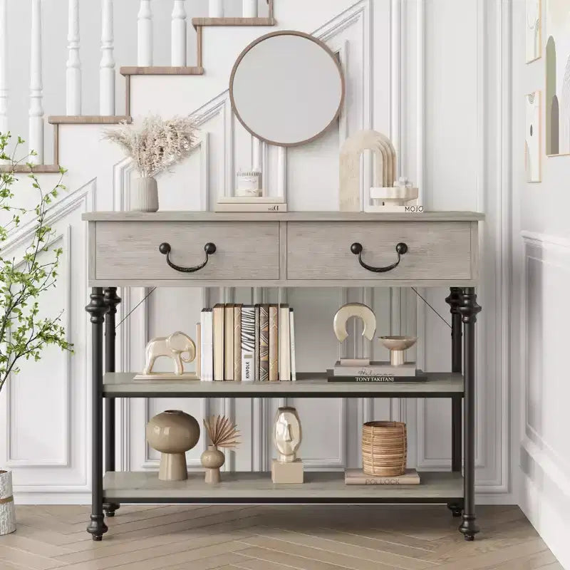 Slim Console Table with 2 Drawers and Open Shelves, Brown