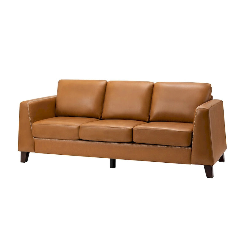 81.5 Inch Genuine Leather Tuxedo Arm Sofa with Solid Wood Legs