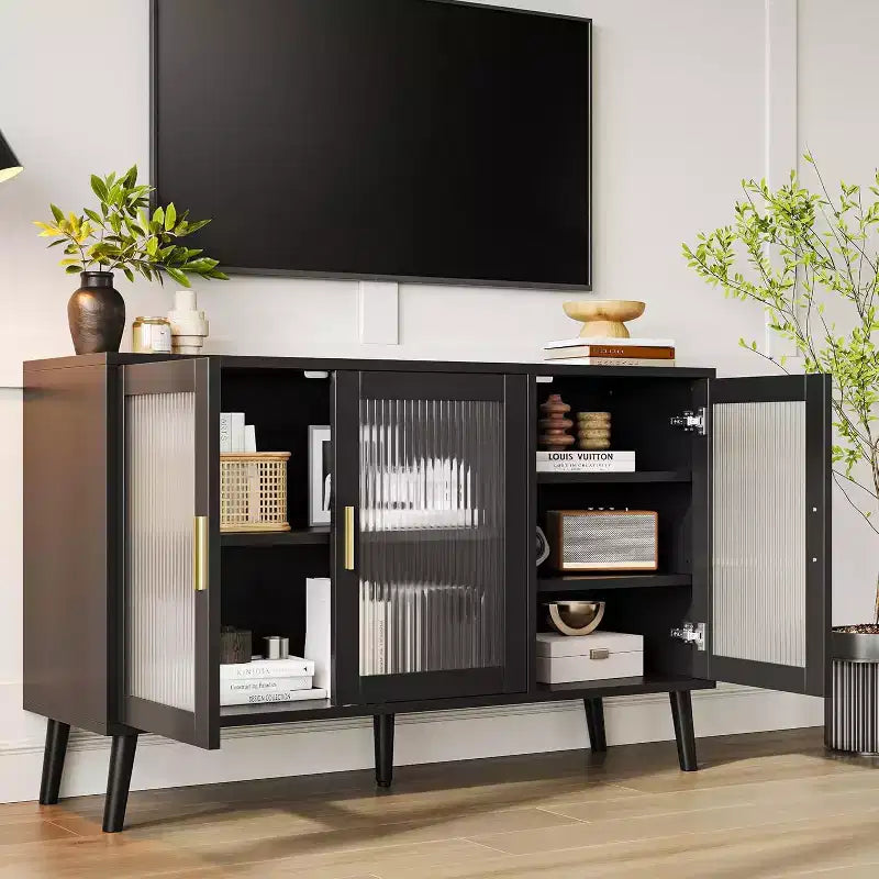 48 Black Buffet Cabinet, Modern Sideboard Kitchen Cabinet with Glass Door and Removable Shelves
