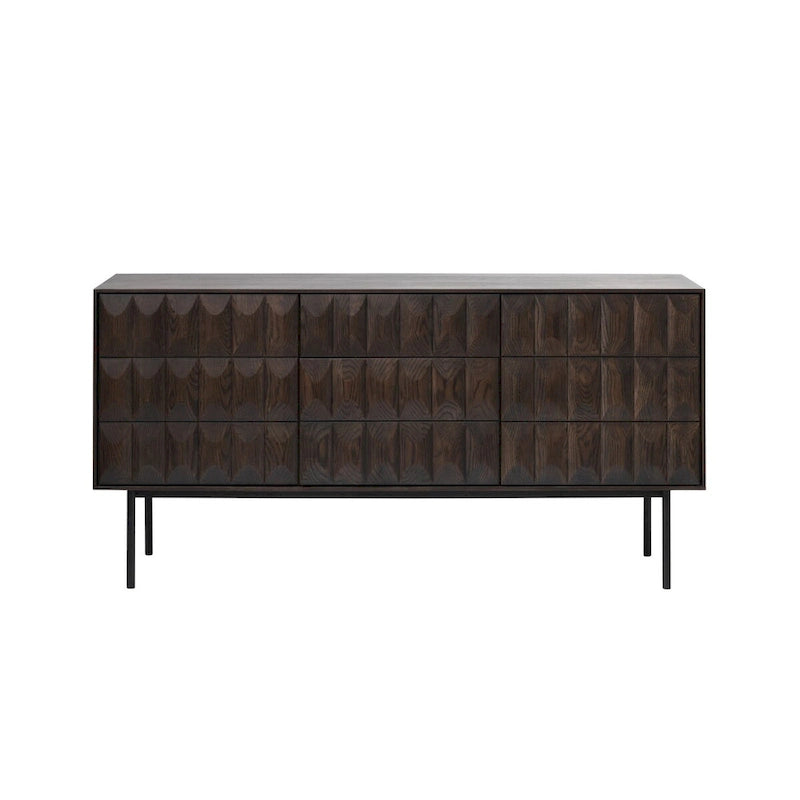 Modern Espresso Oak Sideboard with Geometric Doors and Matte Black Metal Base