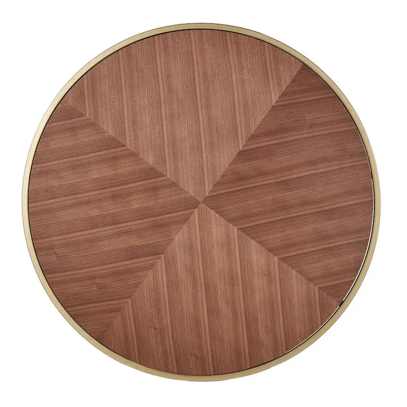 Round Coffee Table with Geometric Walnut Veneer Top and Gold Metal Base
