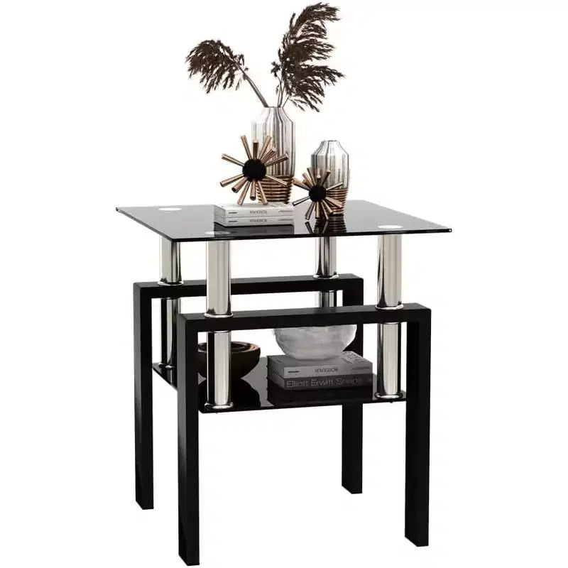 Modern 2-Tier Square Coffee Table with Tempered Glass Top