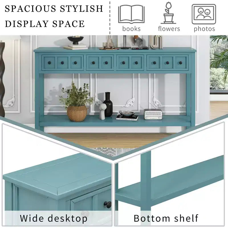 60 Rustic Console Table with 4 Drawers and Bottom Shelf, White
