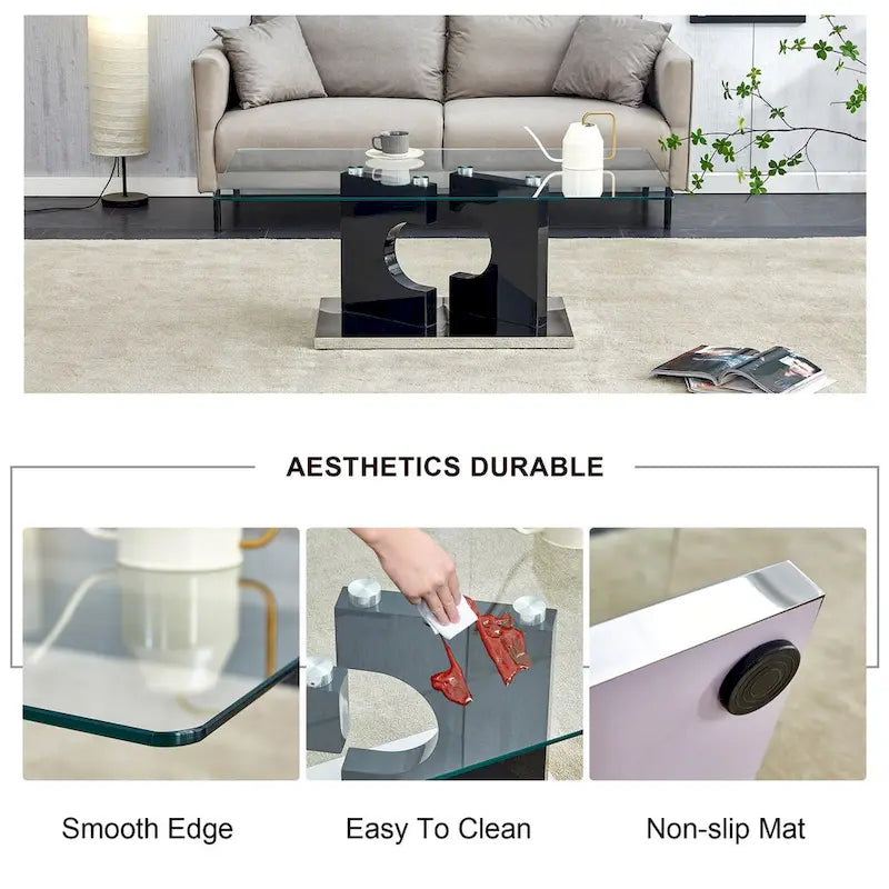 47.2x25.5x18 Rectangular Modern Coffee Table with Tempered Glass Top and Black MDF Legs