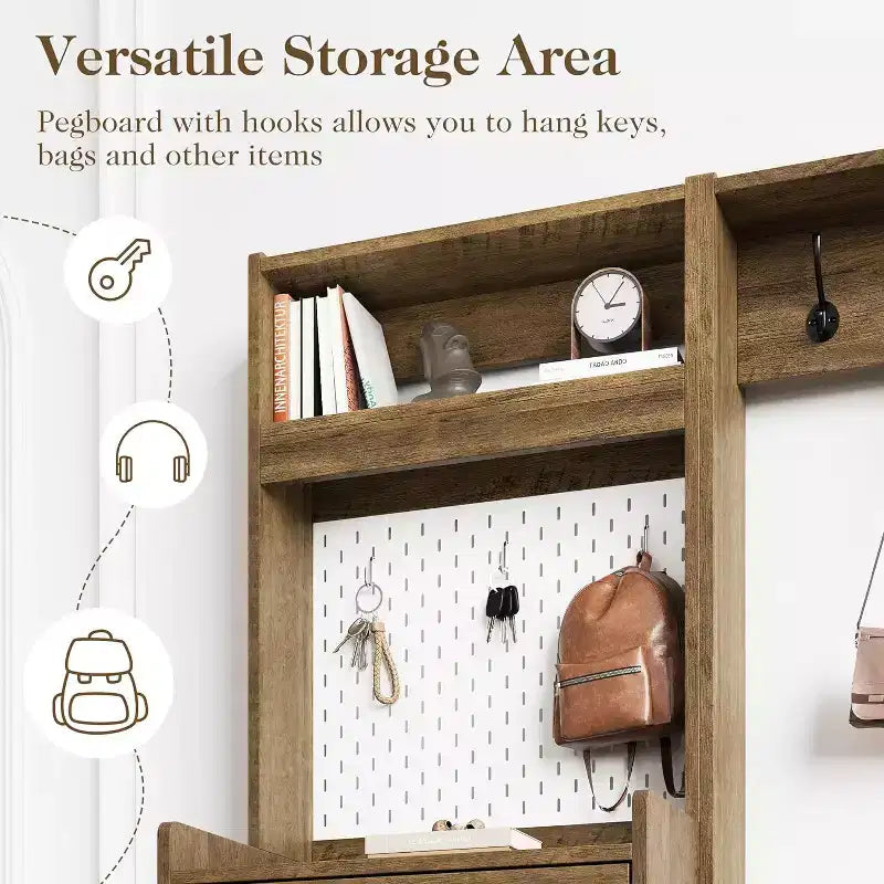 5-in-1 Entryway Shoe Cabinet with Flip Drawer, Pegboard and Adjustable Shelf