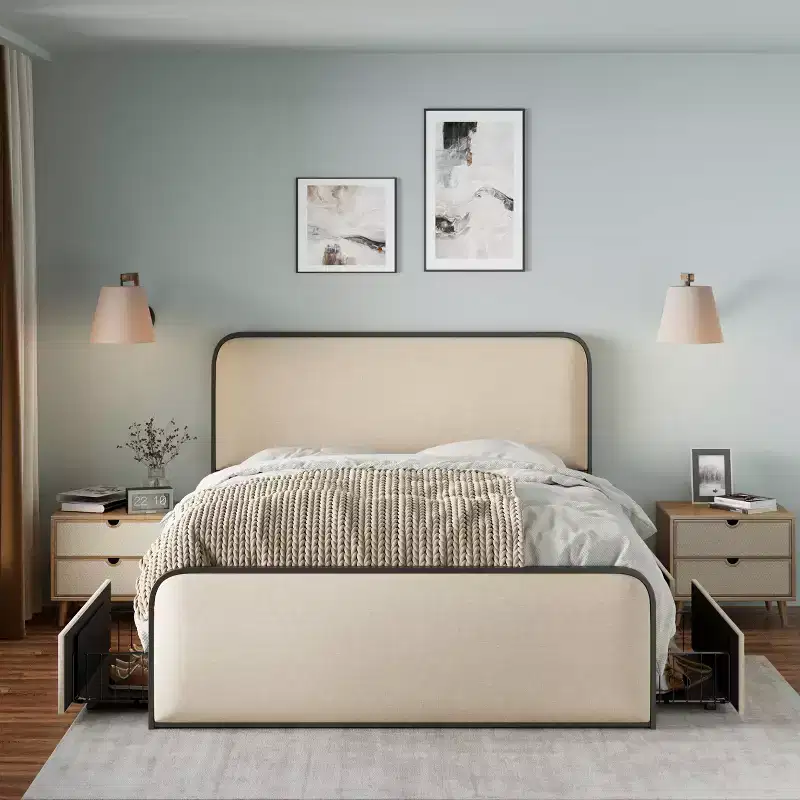 Whisen Queen Modern Metal Bed Frame with Upholstered Headboard and 4 Drawers - Beige