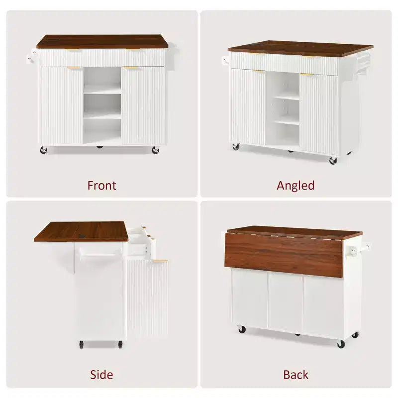 52-Inch Fluted Kitchen Island Cart with Power Outlet and Faux Marble Drop Leaf