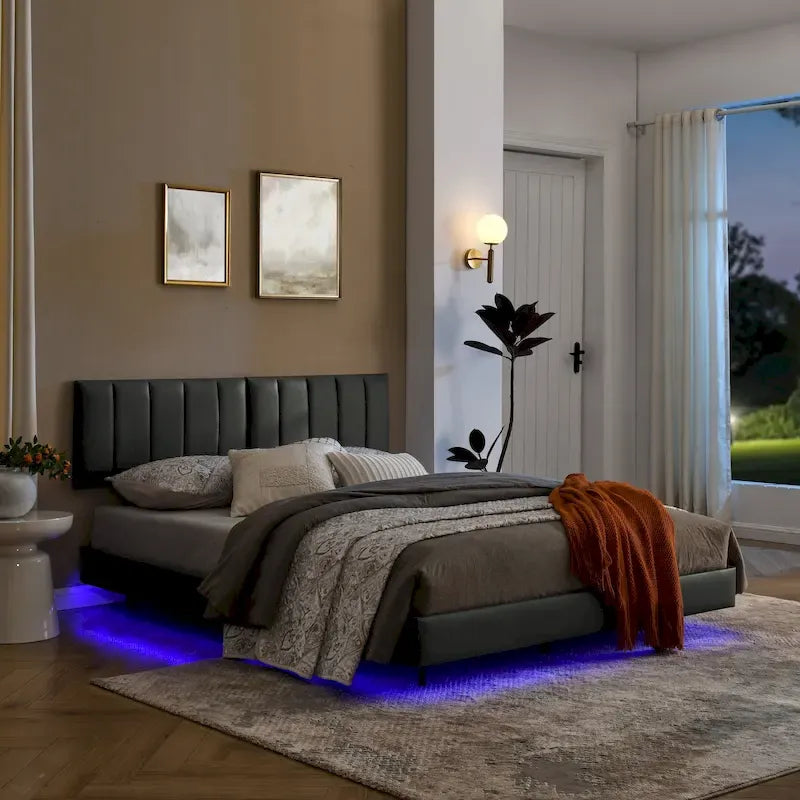Floating Bed Frame With Led Lights And Wall Mounted Headboard
