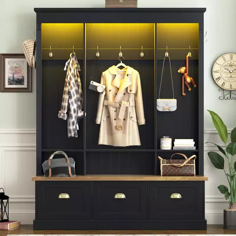 Smart LED Hall Tree with Storage Bench, Coat Rack Entryway Organizer with 9 Hooks & 3 Flip-Down Shoe Cabinets