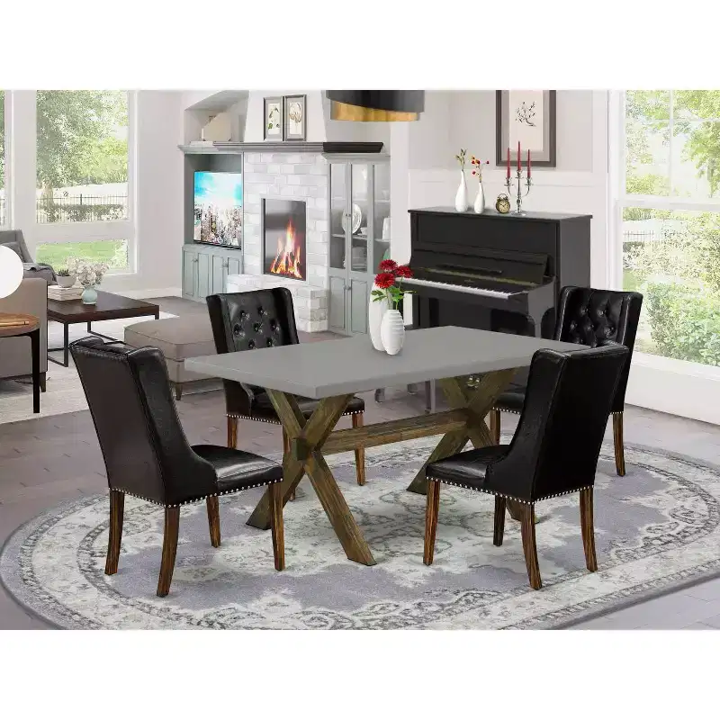HomeStock 5-Piece Distressed Jacobean Finish Solid Wood Top Dining Table with 4 Parson Chair