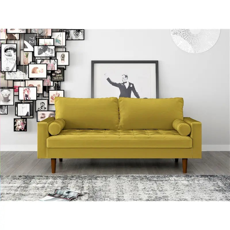 Mid-Century Modern Faux Leather Sofa with Track Arms