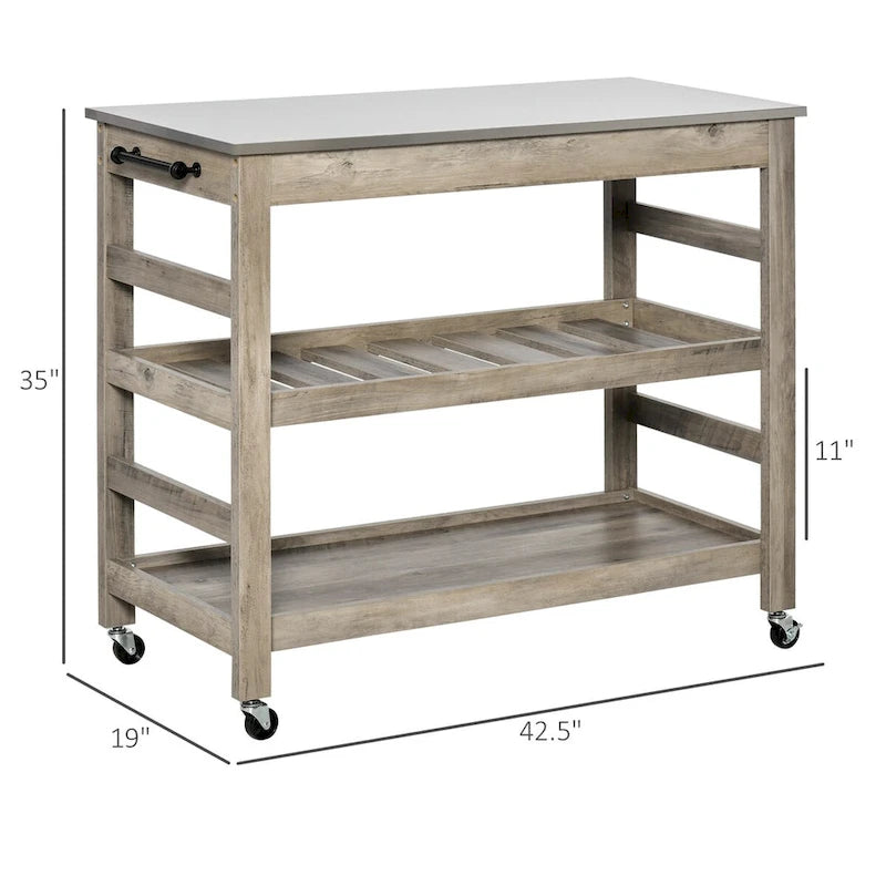 Grey Rolling Kitchen Cart with Stainless Steel Top Slotted Shelf and Towel Bar