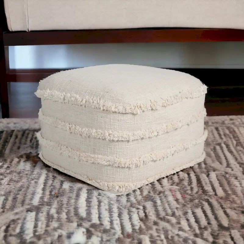 18 Cream Cotton Tufted Cube Striped Pouf Ottoman