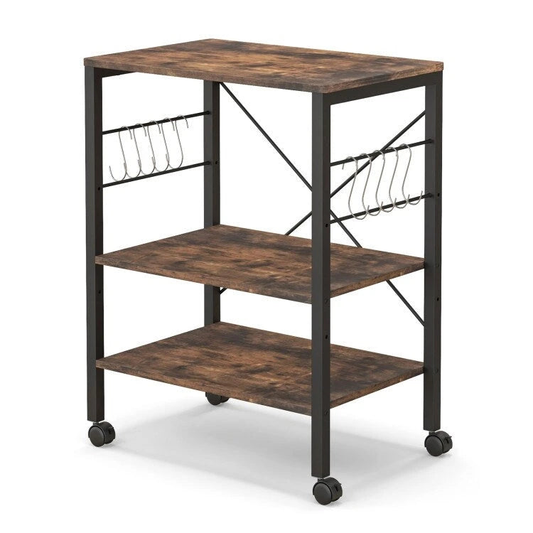 Rustic Brown 3-Tier Rolling Baker's Rack Microwave Cart with S-Hooks