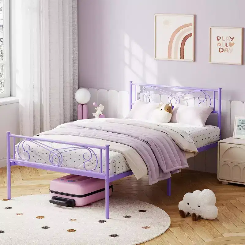 Purple Twin Metal Bed Frame with Headboard, Footboard, 12.2-Inch Storage, Steel Slats, No Box Spring