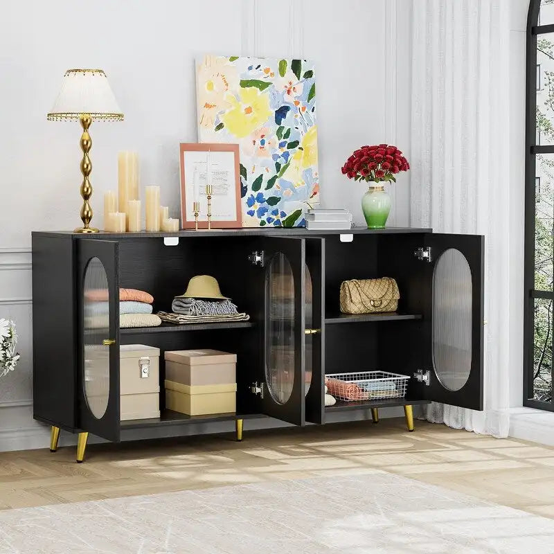 Modern Minimalist Wooden Sideboard Buffet with 4 Acrylic Doors and Adjustable Shelves