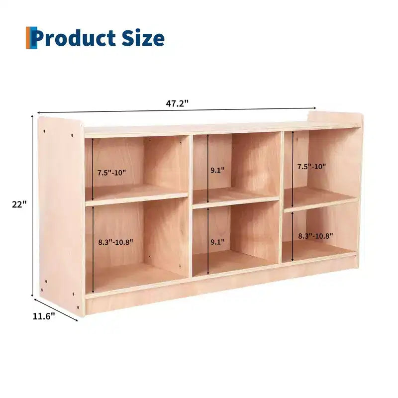 Montessori Wooden Storage Shelf, 6-Compartment Toy & Book Organizer with Adjustable Dividers, Natural Finish Kids' Bookcase for Playrooms, Nurseries