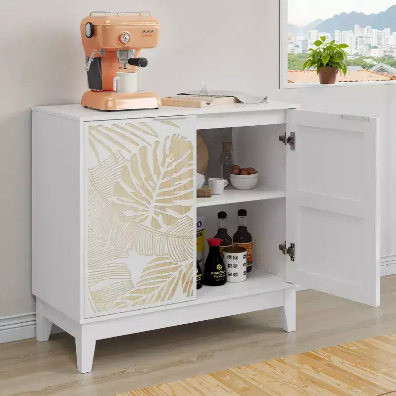 Carved Buffet Cabinet with 2 Doors and Adjustable Shelves