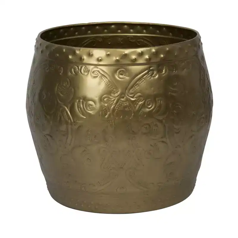 Debossed Metal Drum Side Accent Table, Brass Finish, Round