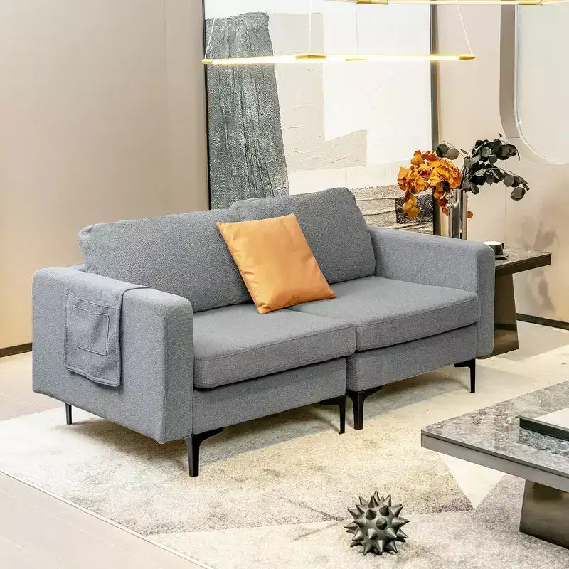 Costway Modern Loveseat Linen Fabric 2-Seat Sofa Couch w/ Side Storage Pocket Green\Orange