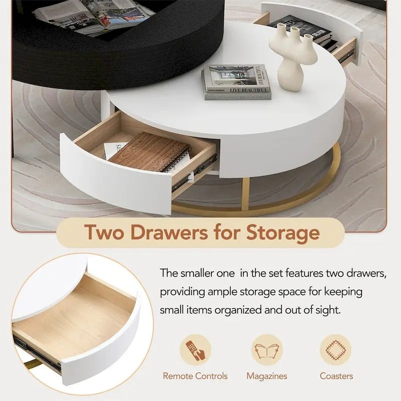 Modern Round Lift-Top Nesting Coffee Tables with Storage Drawers