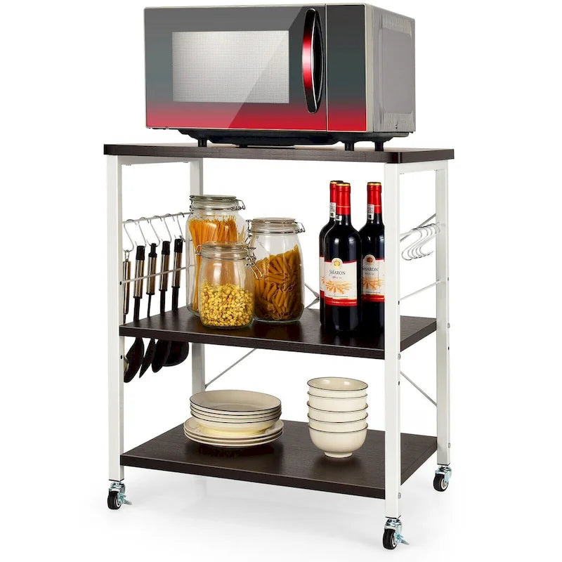 Rustic Brown 3-Tier Rolling Baker's Rack Microwave Cart with S-Hooks