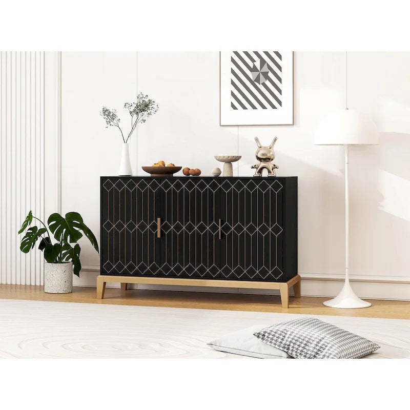 3-Door Storage Cabinet Sideboard Buffet Cabinet with Adjustable Shelf Antique Black Gold