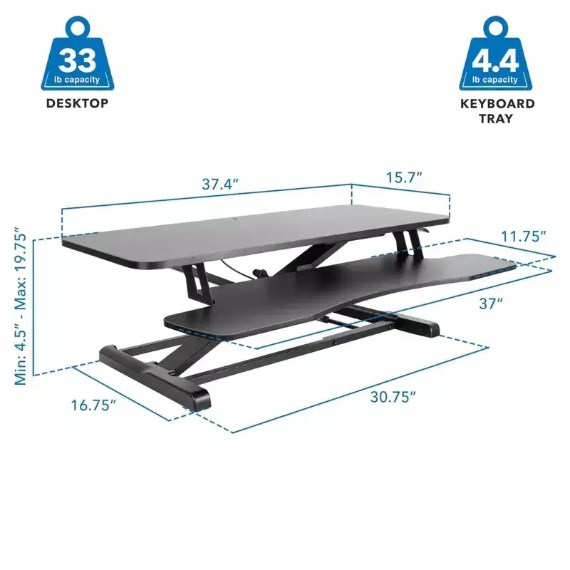 Mount-It! Standing Desk Converter | Height Adjustment from 4.3 to 19.9 | 37 Lbs. Weight Capacity | Black