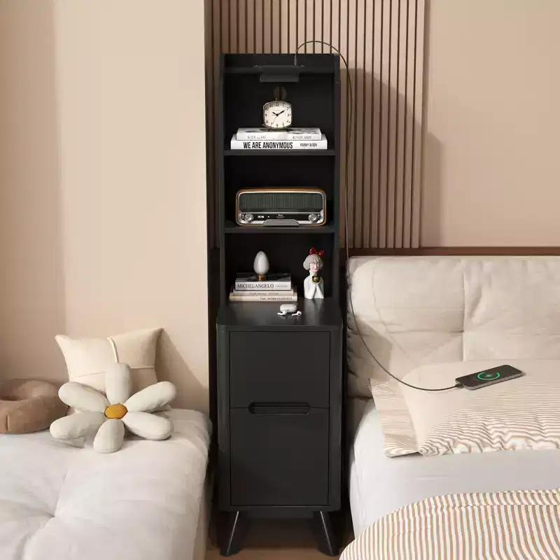 Tall Nightstand with Charging Station,Modern End Bedside Table for Bedroom