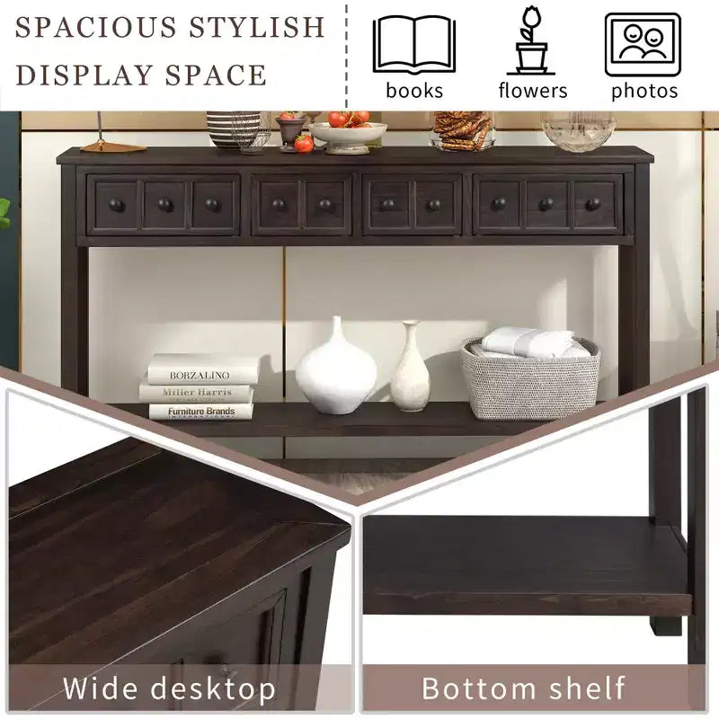 60 Rustic Console Table with 4 Drawers and Bottom Shelf, White