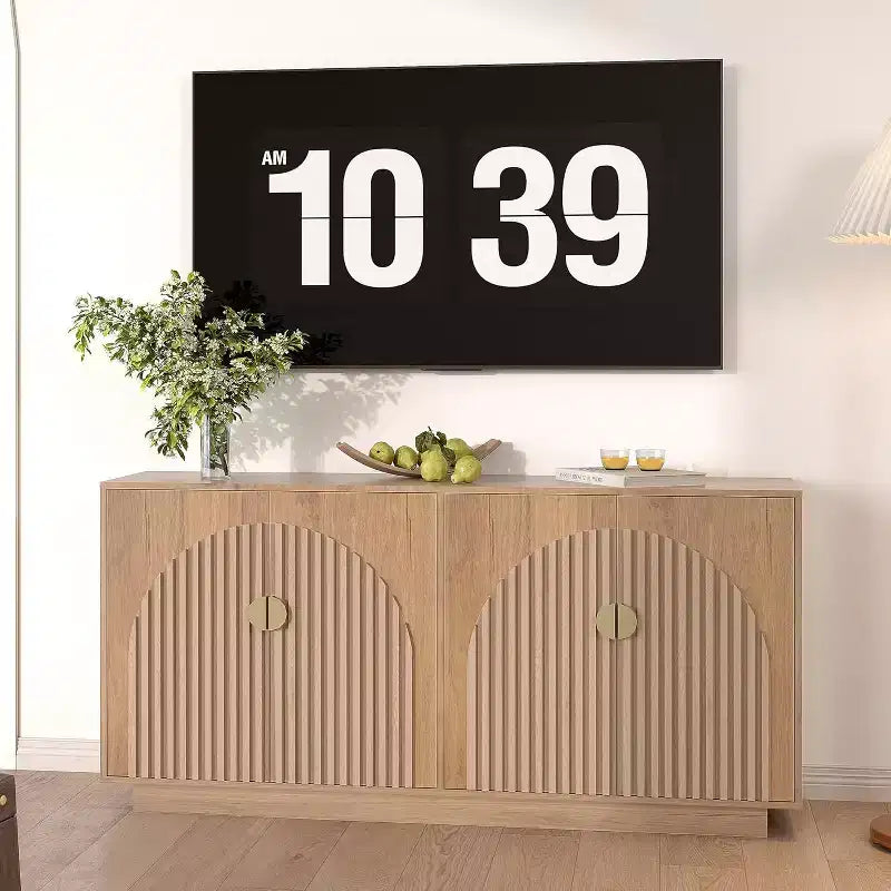 63in Large Sideboard Buffet Cabinet with Storage, Kitchen Fluted Coffee Bar Wine Bar Console Table with Gold Metal Handles for Dining Room Living Room
